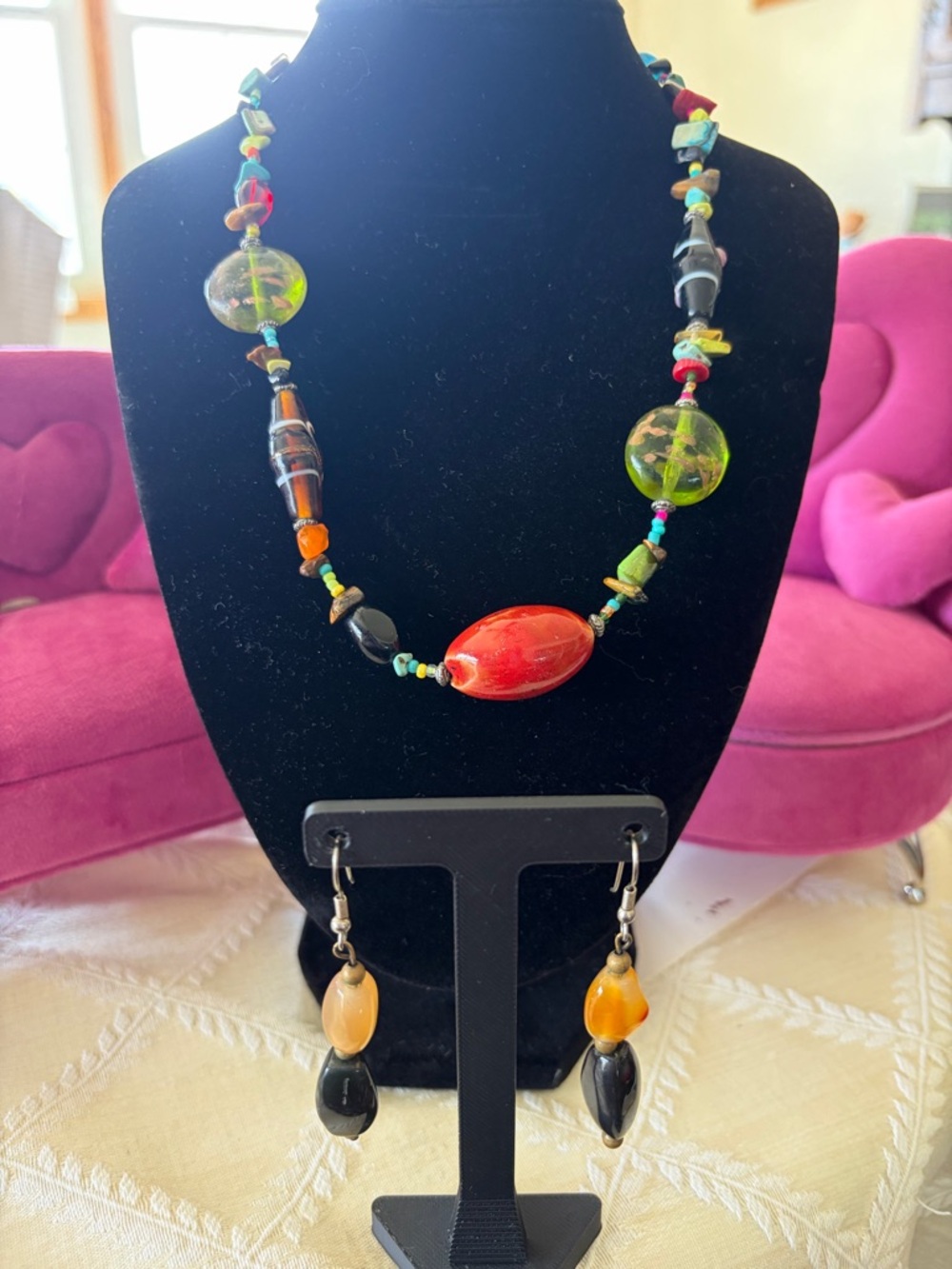Multicolor Glass Bead Statement Necklace & Earrings